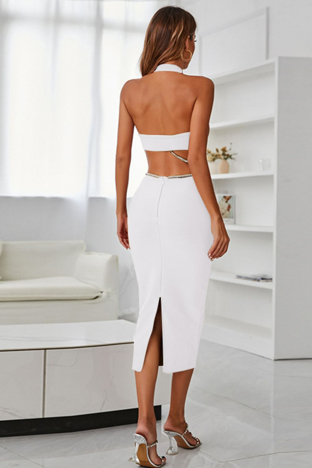 Rhinestone Halter Neck Cutout Slit Midi Dress  Dresses- Doll Fits