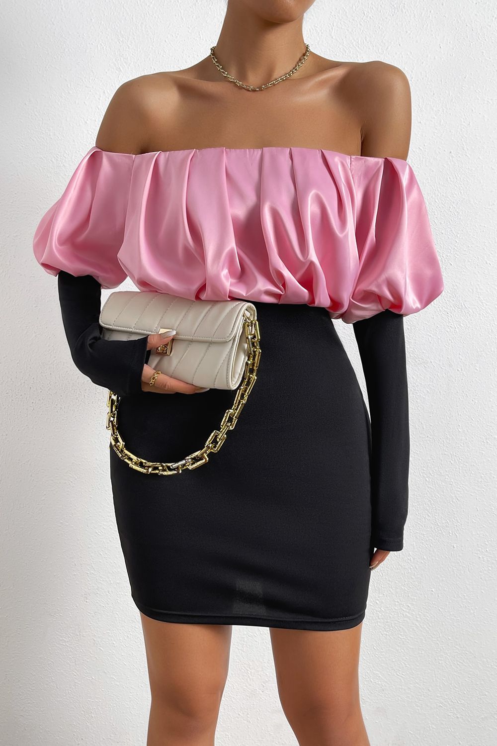 Off-Shoulder Puff Sleeve Mini Pencil Dress  Dresses- Doll Fits