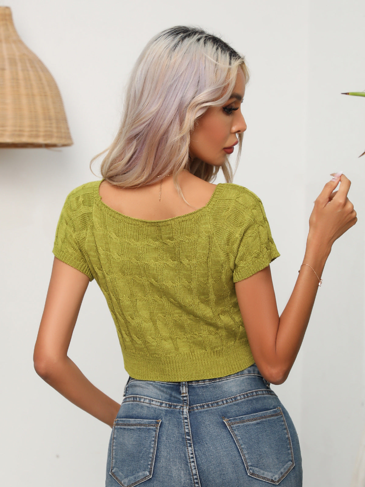 Cable-Knit Round Neck Short Sleeve Knit Top  - Doll Fits