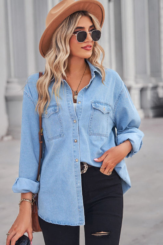 Collared Neck Dropped Shoulder Denim Top  Shirts & Tops- Doll Fits