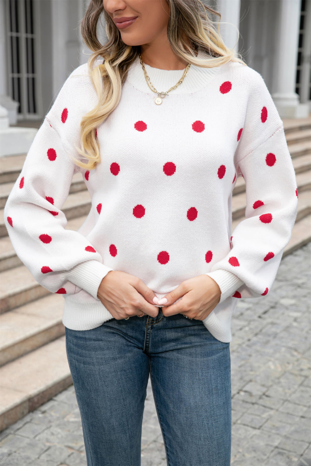Woven Right Polka Dot Round Neck Dropped Shoulder Sweater  - Doll Fits