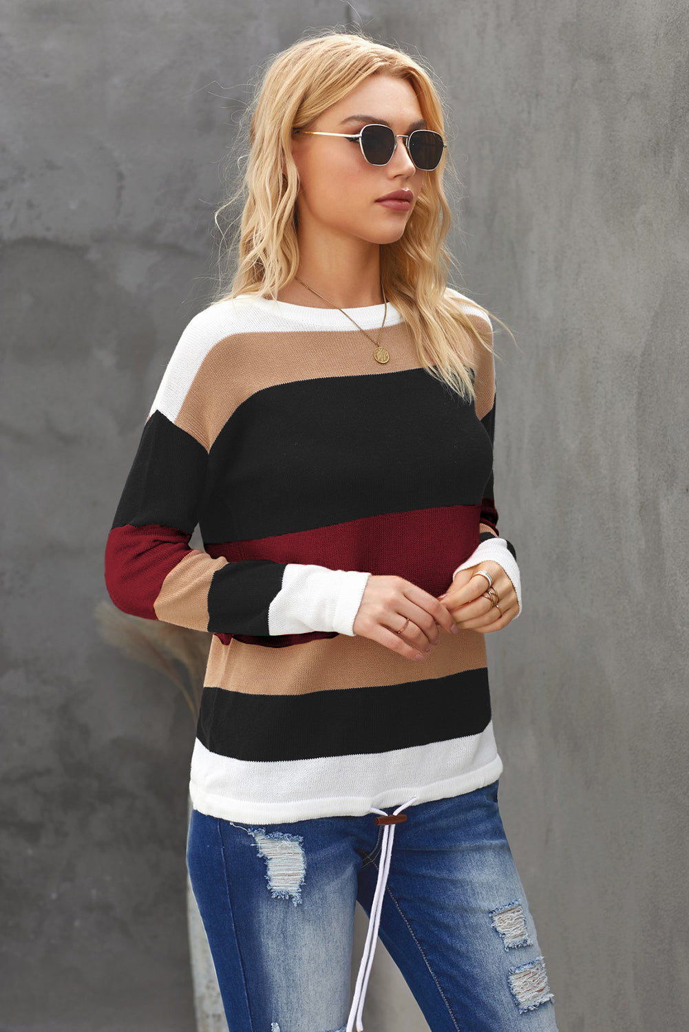 Round Neck Color Block Dropped Shoulder Knit Top  - Doll Fits