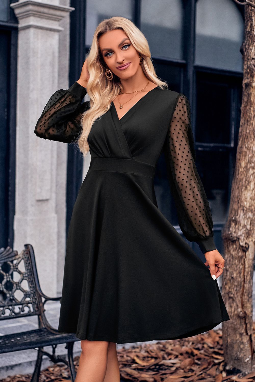 Surplice Neck Swiss Dot Long Sleeve Dress  Dresses- Doll Fits