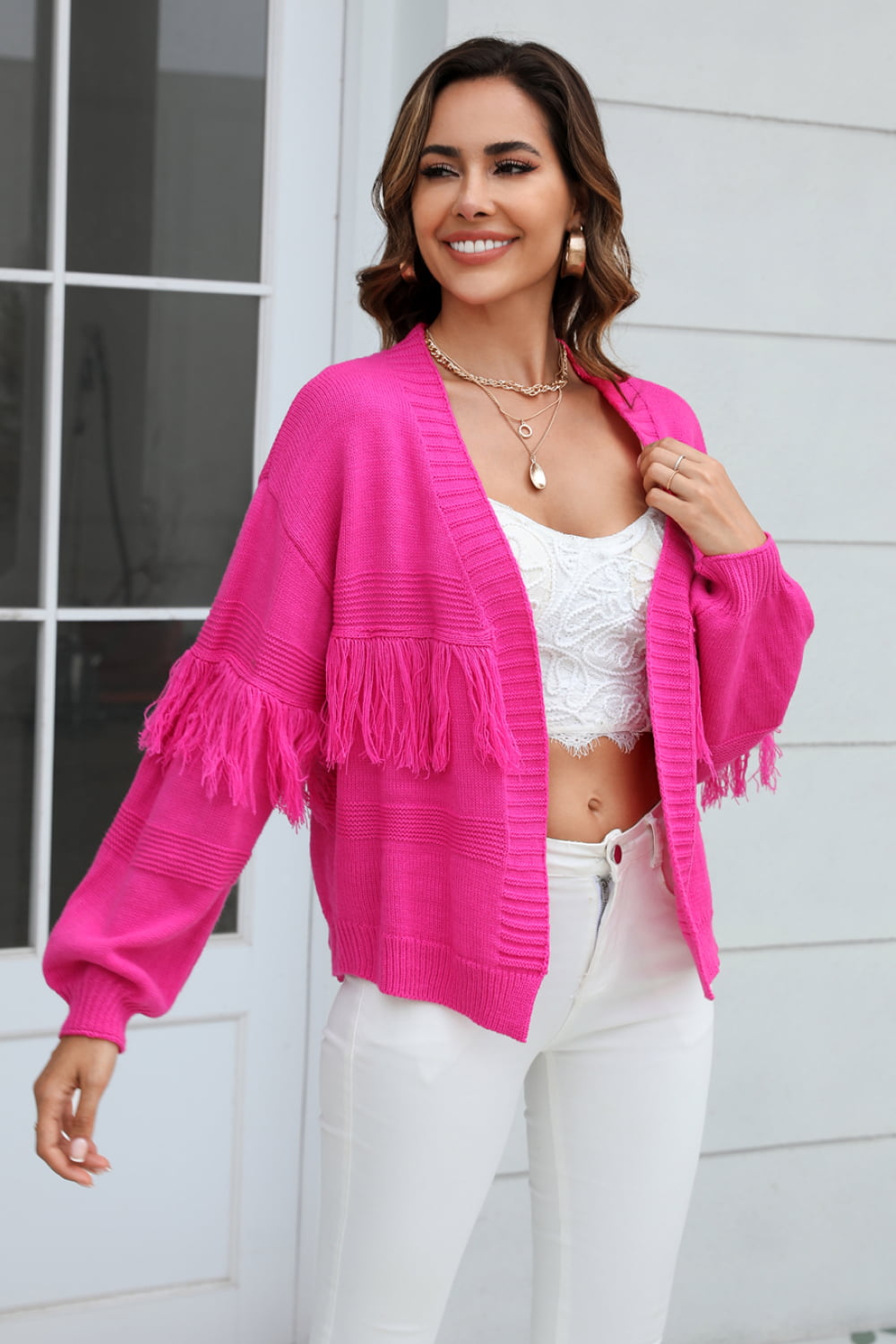 Double Take Fringe Trim Open Front Cardigan  - Doll Fits