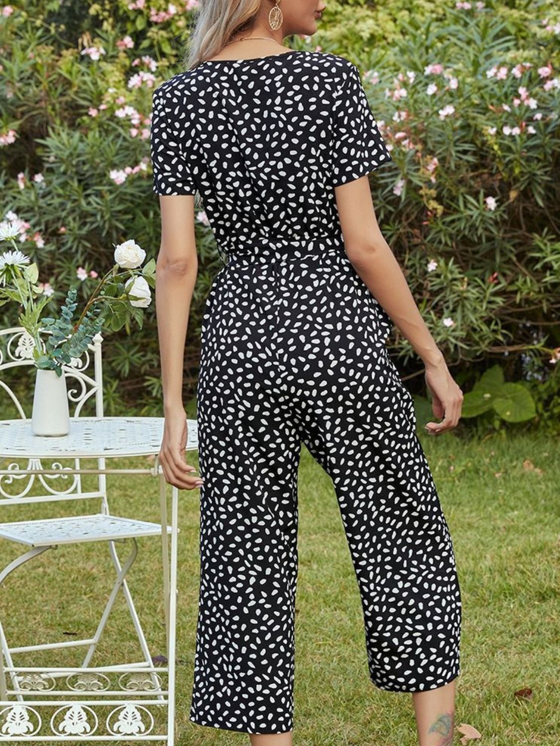 Printed V-Neck Short Sleeve Jumpsuit  - Doll Fits