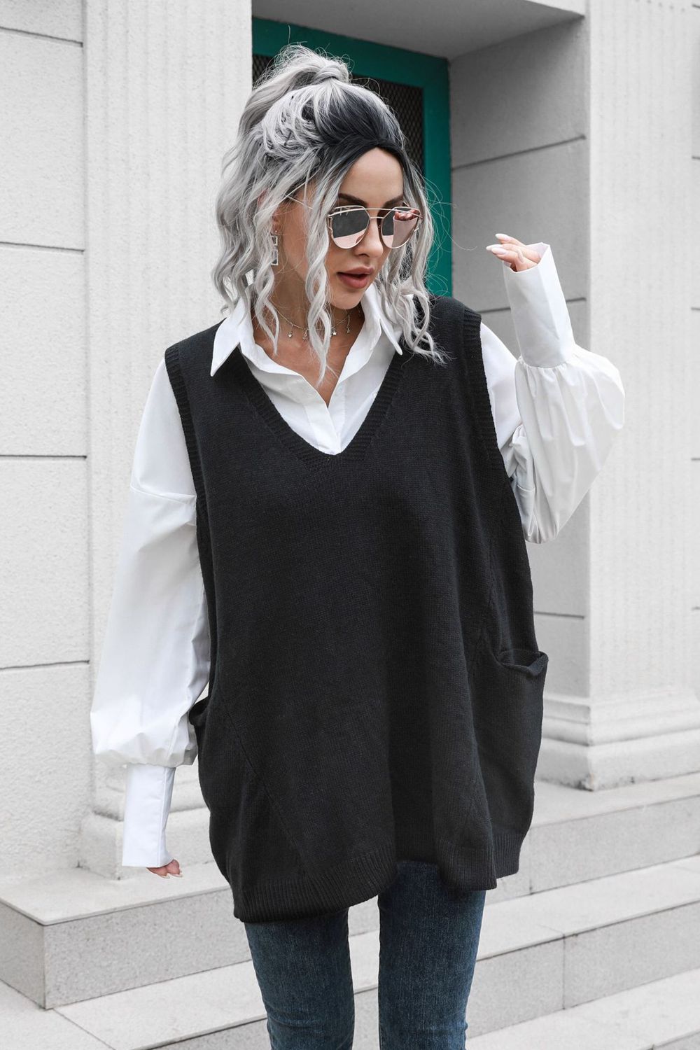 V-Neck Sleeveless Sweater Vest with Pocket  - Doll Fits