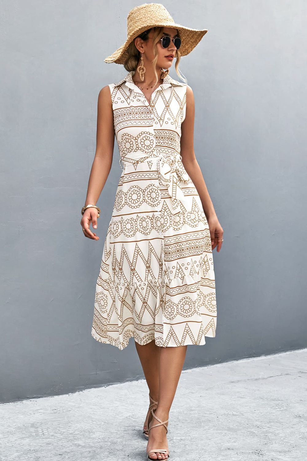 Printed Button Front Tie-Waist Sleeveless Collared Dress  Dresses- Doll Fits