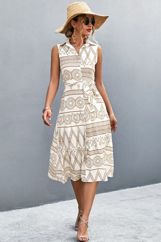 Printed Button Front Tie-Waist Sleeveless Collared Dress  Dresses- Doll Fits