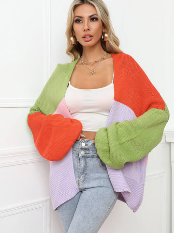 Color Block Open Front Balloon Sleeve Longline Cardigan  Coats & Jackets- Doll Fits