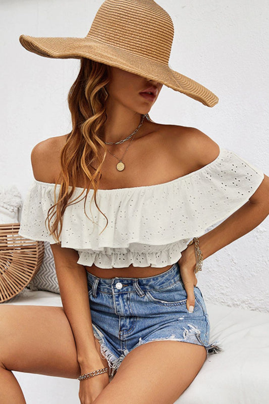 Eyelet Layered Off-Shoulder Cropped Blouse  Shirts & Tops- Doll Fits