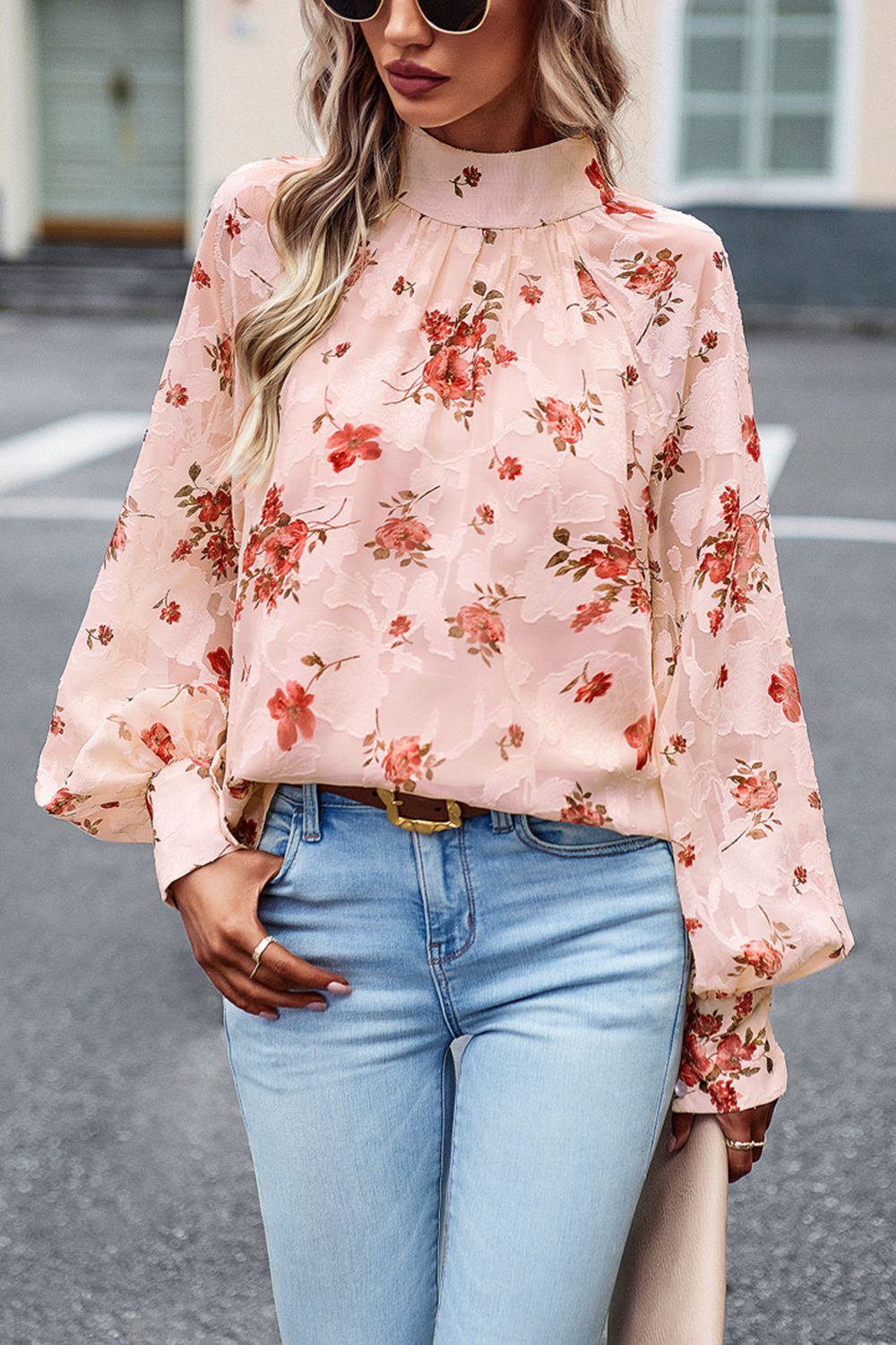 Floral Print Mock Neck Lantern Sleeve Blouse  - Doll Fits