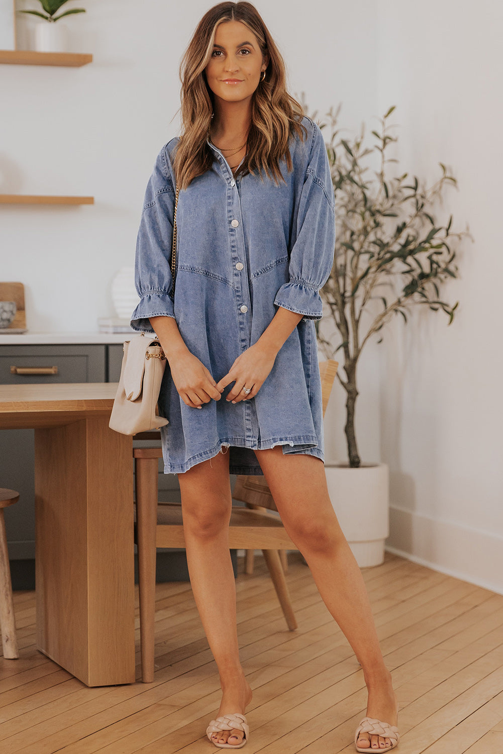 Collared Neck Flounce Sleeve Denim Mini Dress  Dresses- Doll Fits
