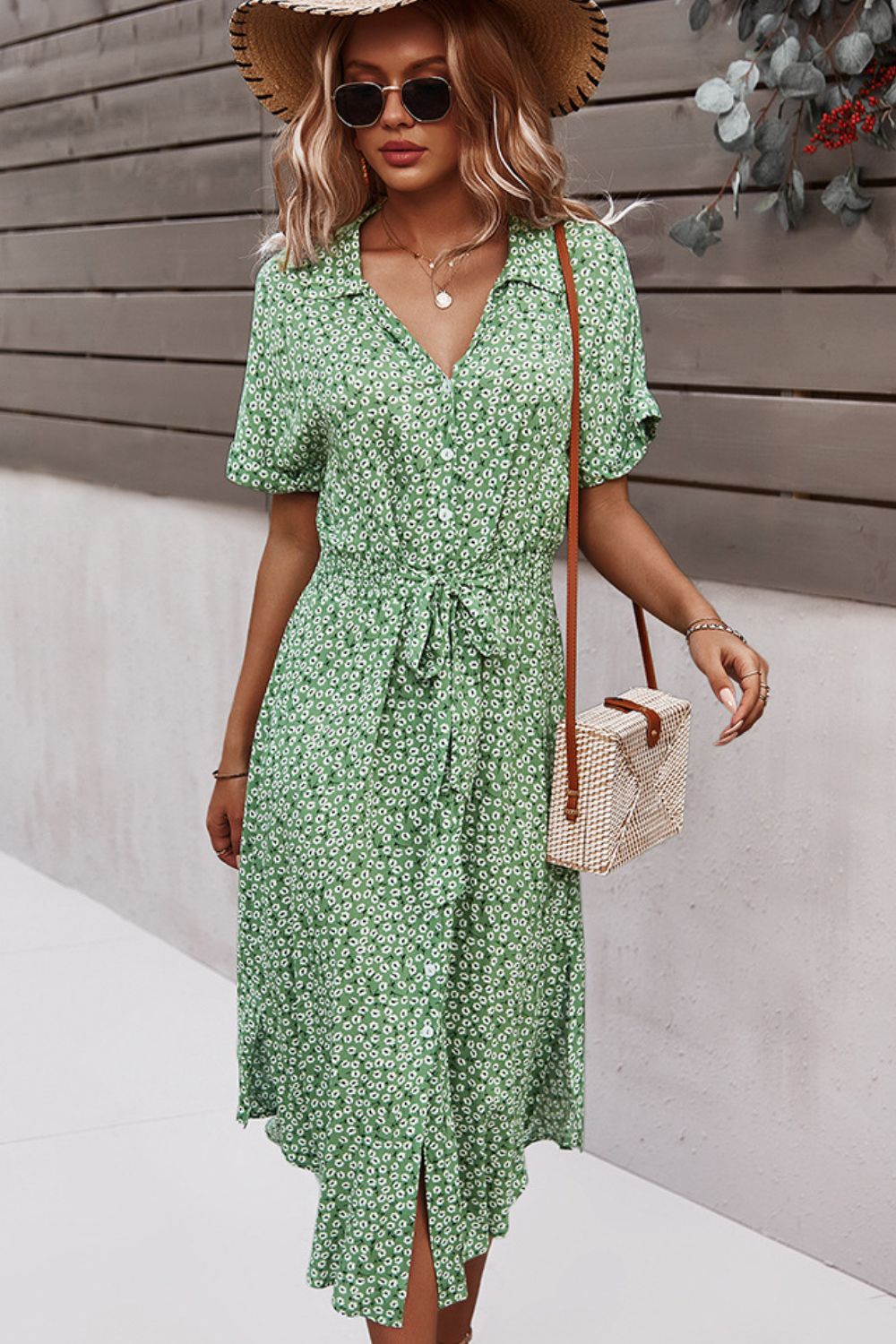Floral Tie Front Slit Dress  Dresses- Doll Fits