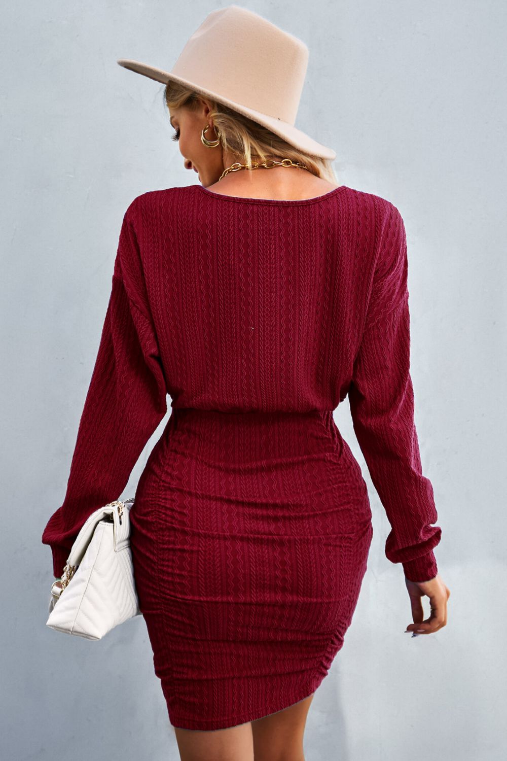 Ruched Dropped Shoulder Textured Knit Dress  Dresses- Doll Fits
