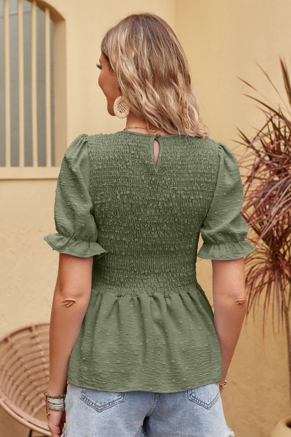 Swiss Dot Smocked Peplum Blouse  Shirts & Tops- Doll Fits