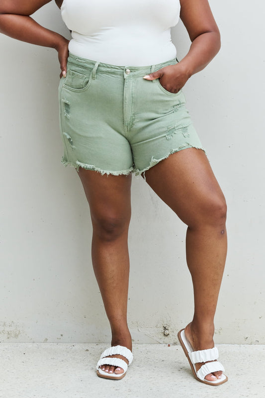 RISEN Katie Full Size High Waisted Distressed Shorts in Gum Leaf  - Doll Fits