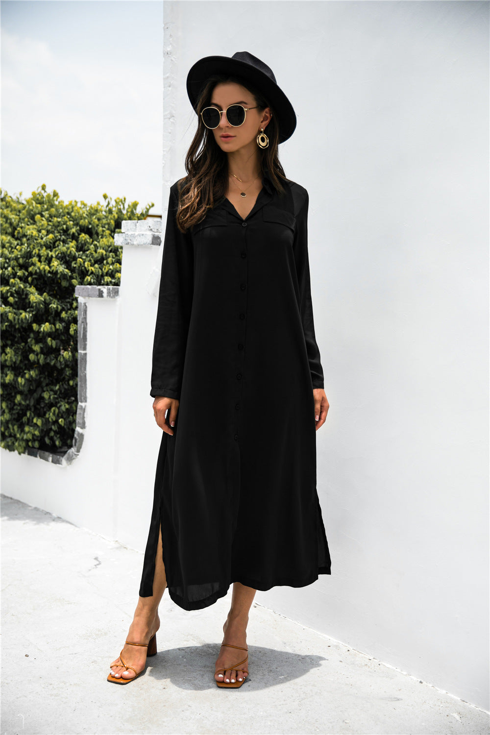 Button Down Side Slit Shirt Dress  Dresses- Doll Fits