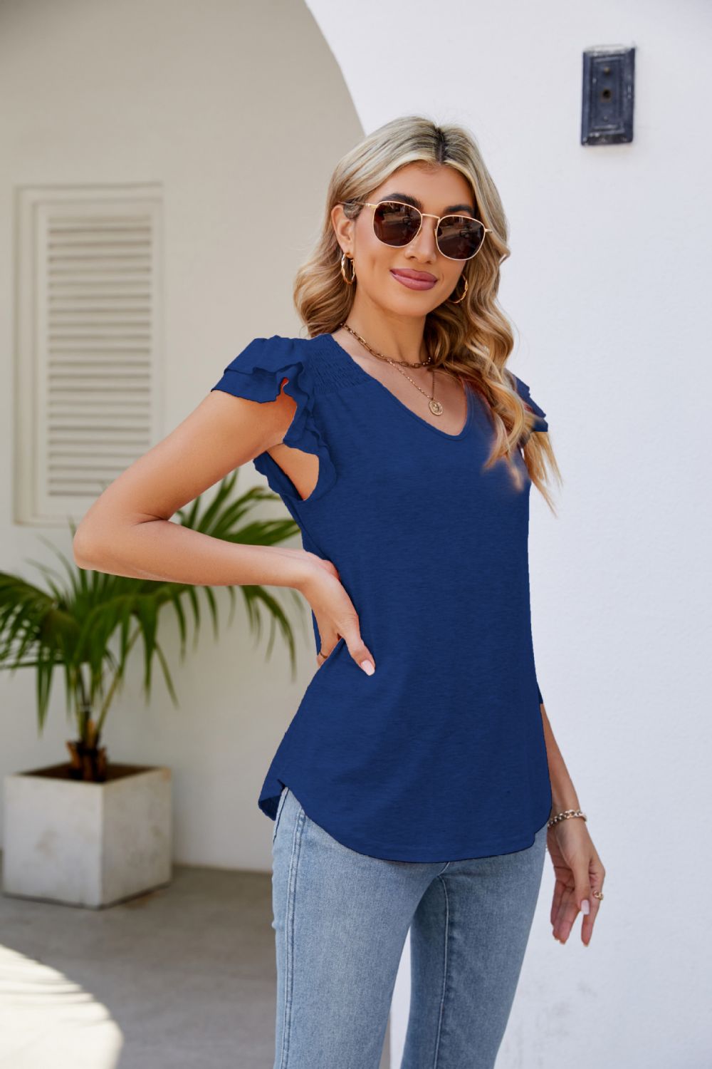 Smocked Flutter Sleeve V-Neck Top  Shirts & Tops- Doll Fits