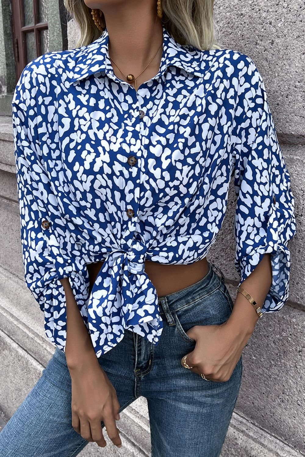 Double Take Leopard Roll-Tap Sleeve Shirt  - Doll Fits