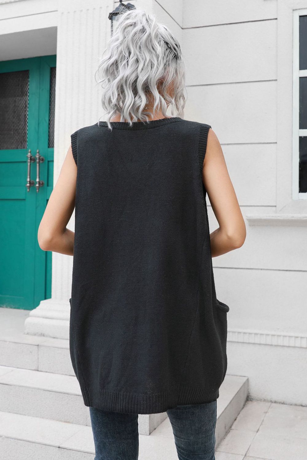 V-Neck Sleeveless Sweater Vest with Pocket  - Doll Fits