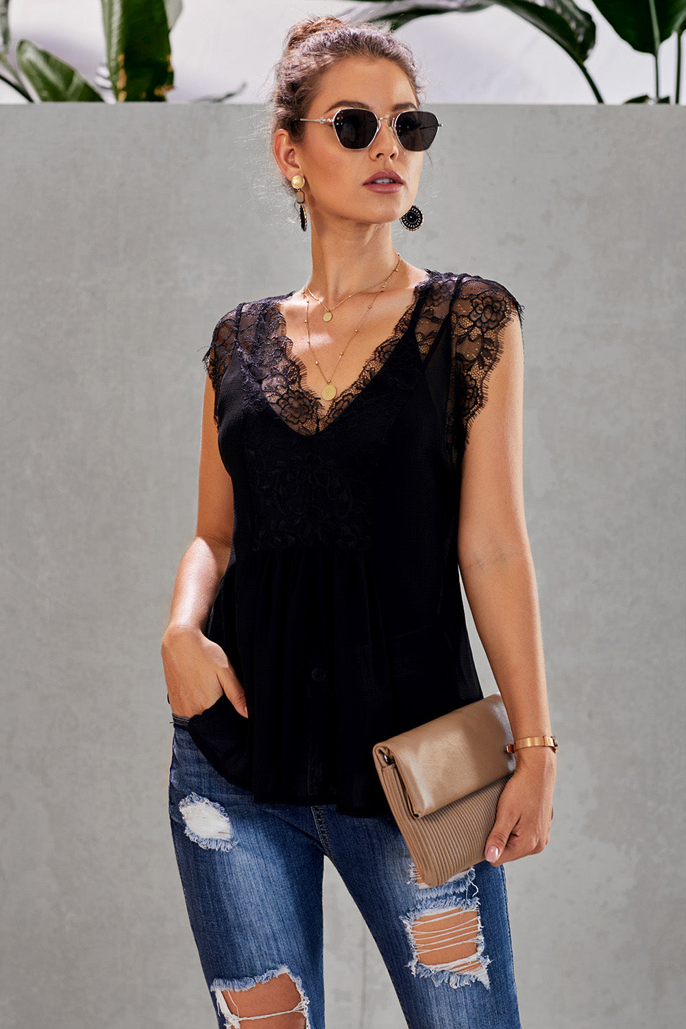 Eyelash Trim Spliced Lace V-Neck Tank  Shirts & Tops- Doll Fits