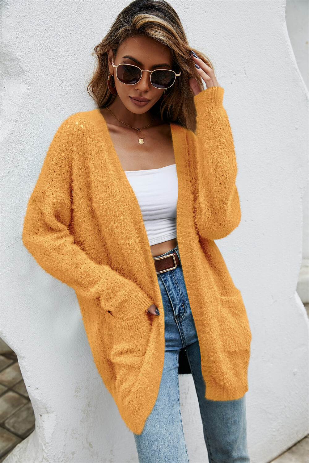 Open Front Openwork Fuzzy Cardigan with Pockets  Coats & Jackets- Doll Fits