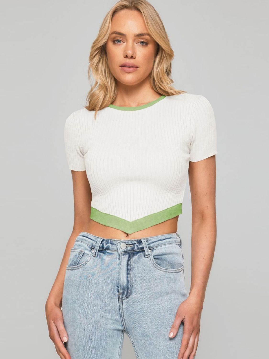 Contrast Trim Pointed Hem Ribbed Crop Top  Shirts & Tops- Doll Fits
