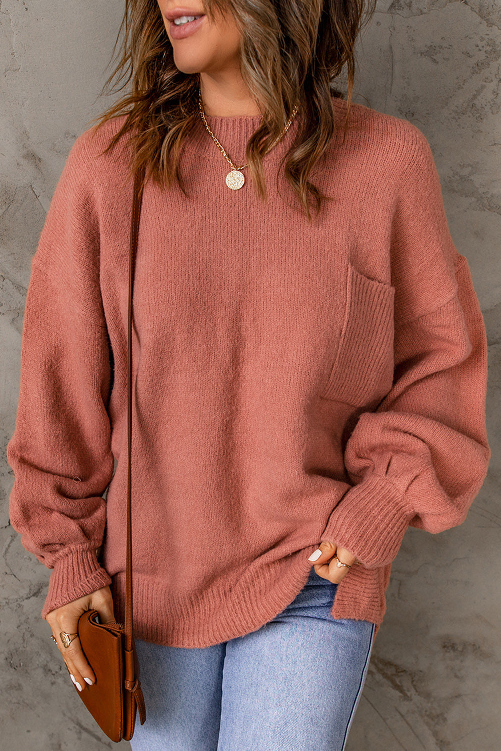 Ribbed Trim Lantern Sleeve Pocketed Sweater  Shirts & Tops- Doll Fits