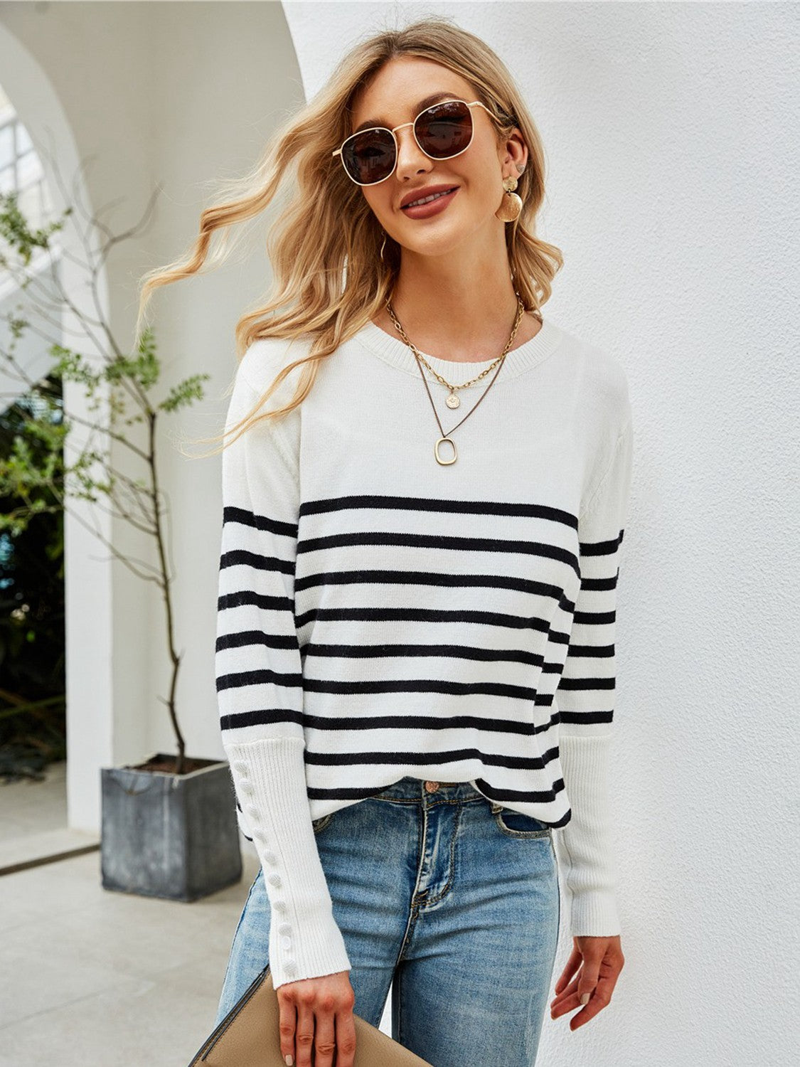 Striped Decorative Button Knit Top  Shirts & Tops- Doll Fits