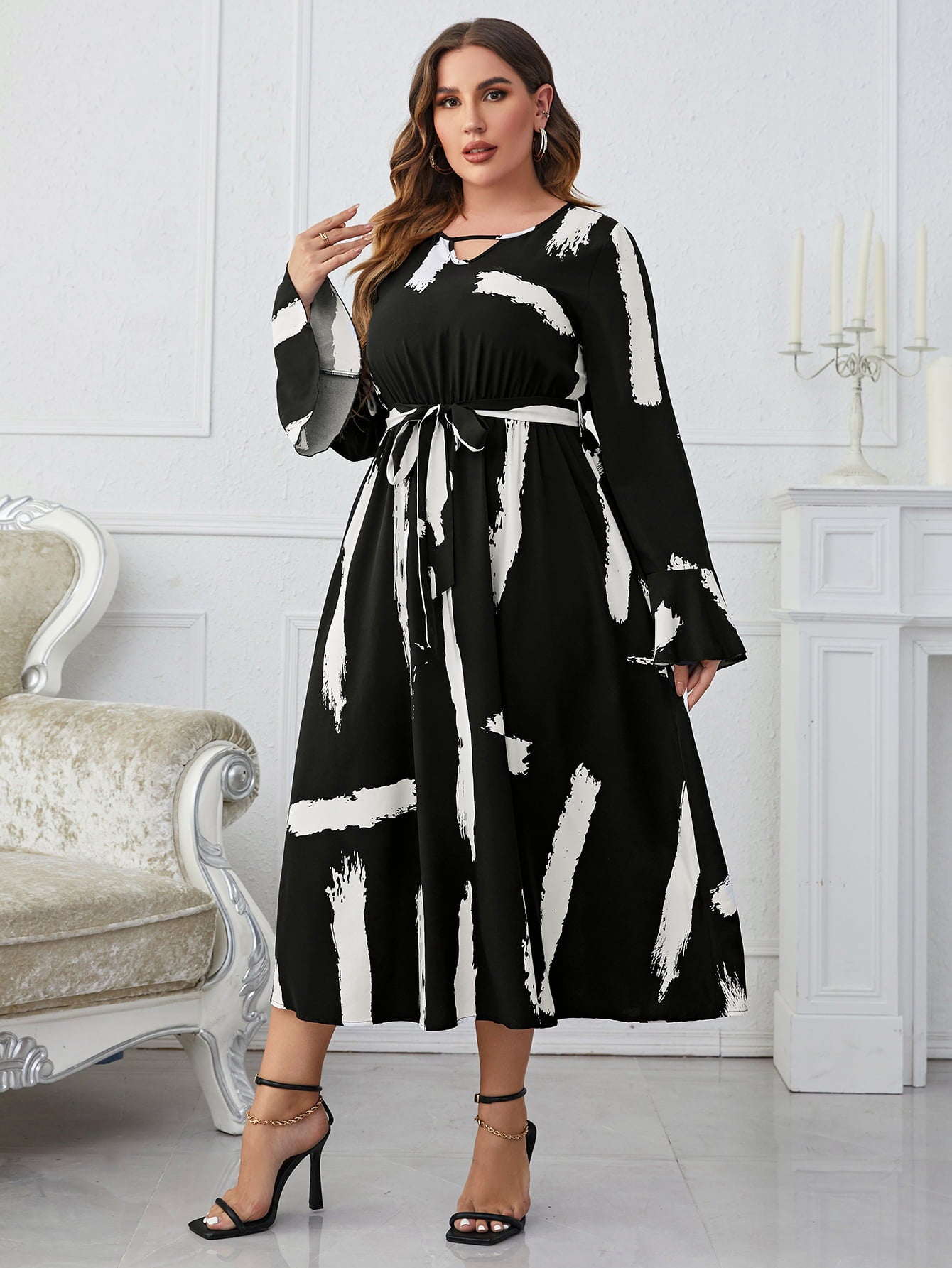 Melo Apparel Plus Size Printed Tie Belt Flare Sleeve Round Neck Midi Dress  Dresses- Doll Fits