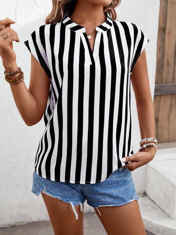 Striped Notched Neck Cap Sleeve Blouse  Shirts & Tops- Doll Fits