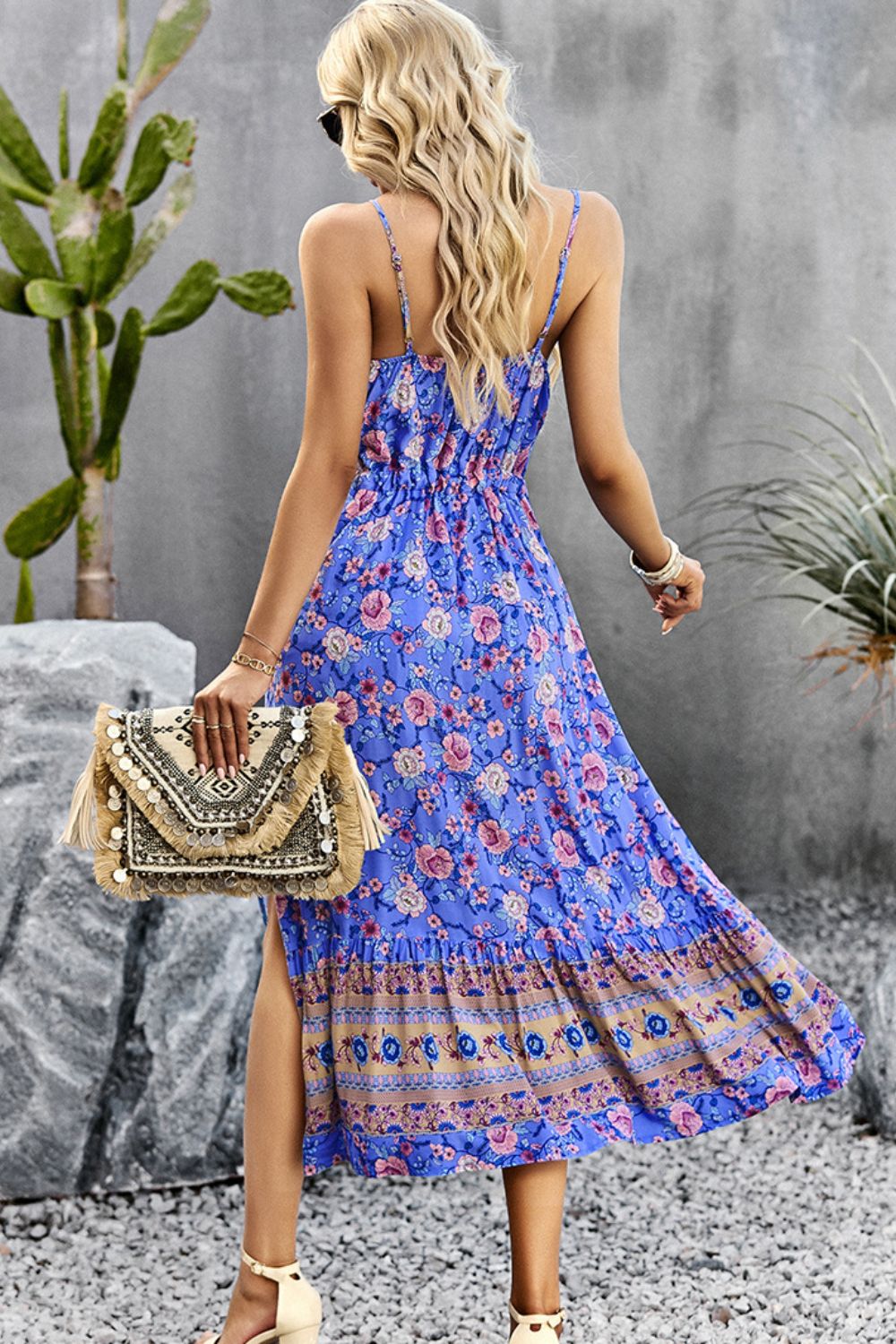 Bohemian Spaghetti Strap Drawstring Slit Dress  Dresses- Doll Fits