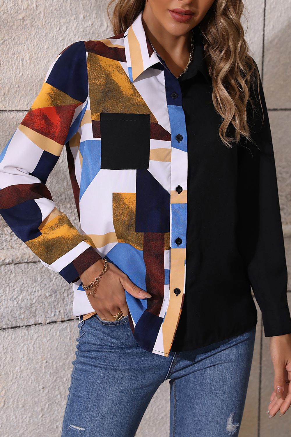 Contrast Printed Long Sleeve Collared Neck Shirt  - Doll Fits