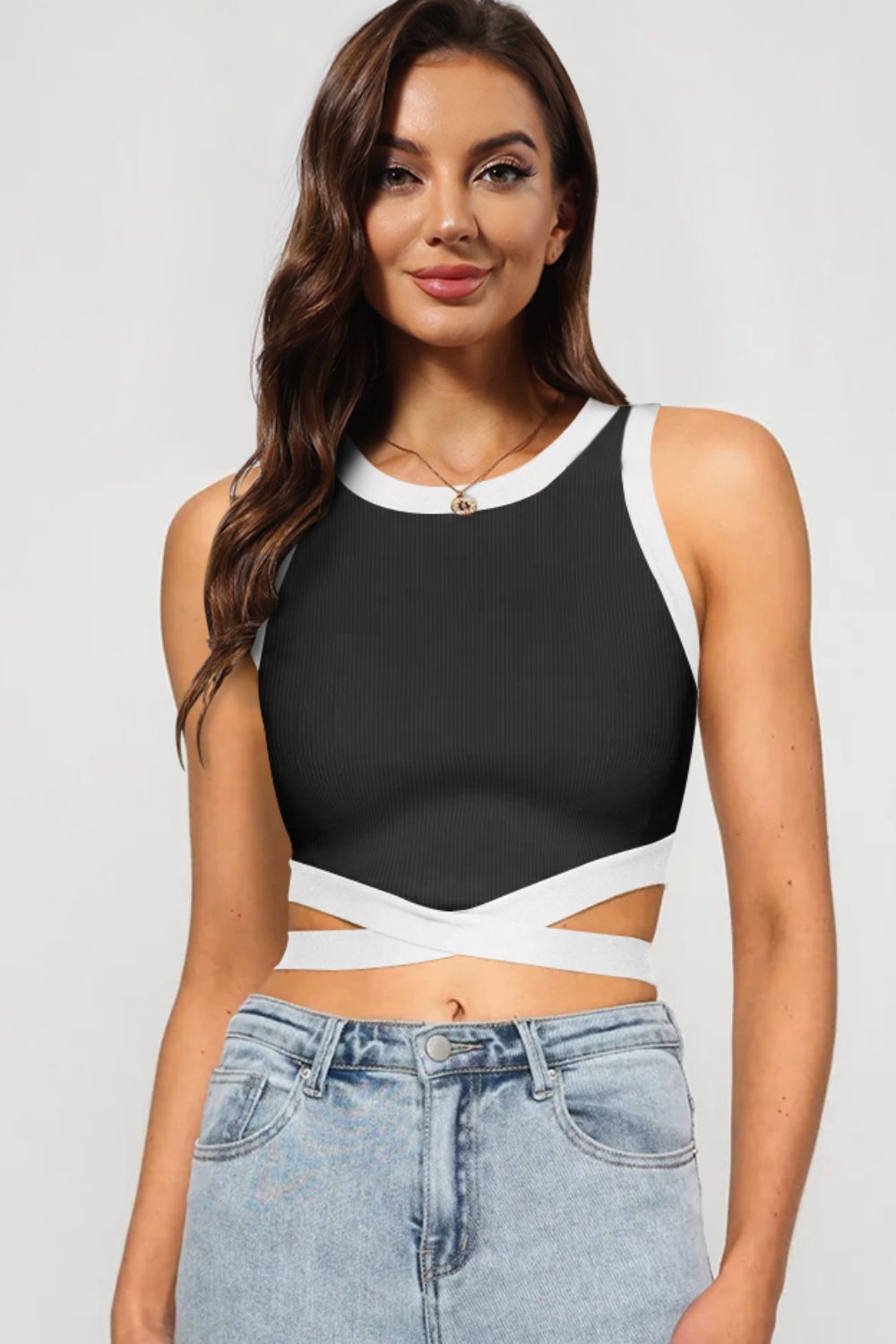 Contrast Tie Back Round Neck Tank  Shirts & Tops- Doll Fits