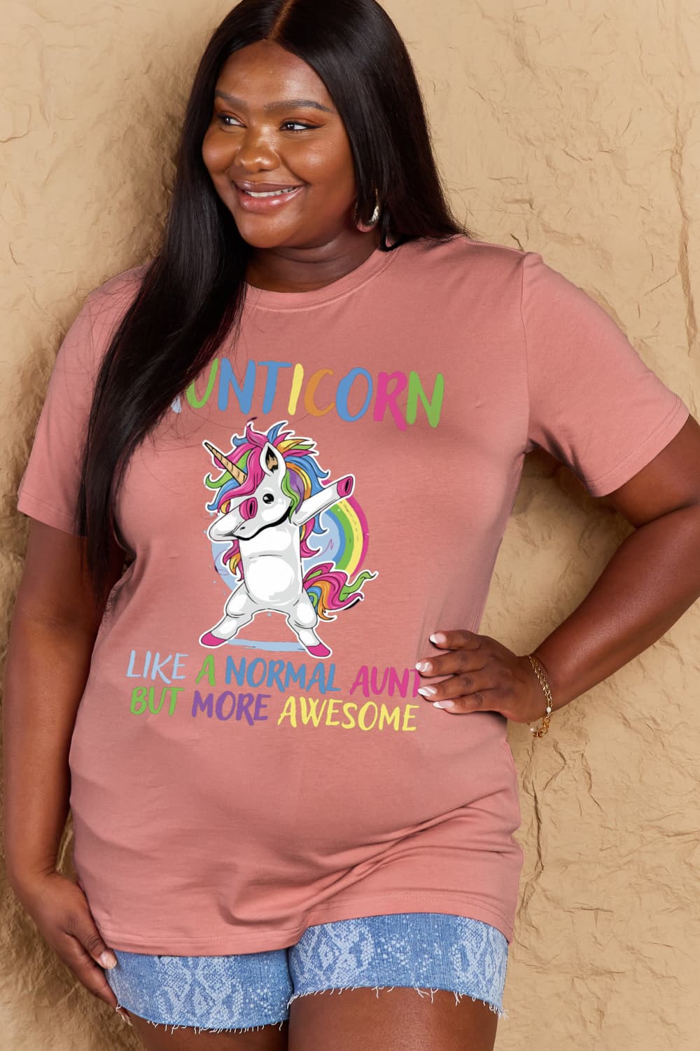 Simply Love Full Size AUNTICORN LIKE A NORMAL AUNT BUT MORE AWESOME Graphic Cotton Tee  - Doll Fits