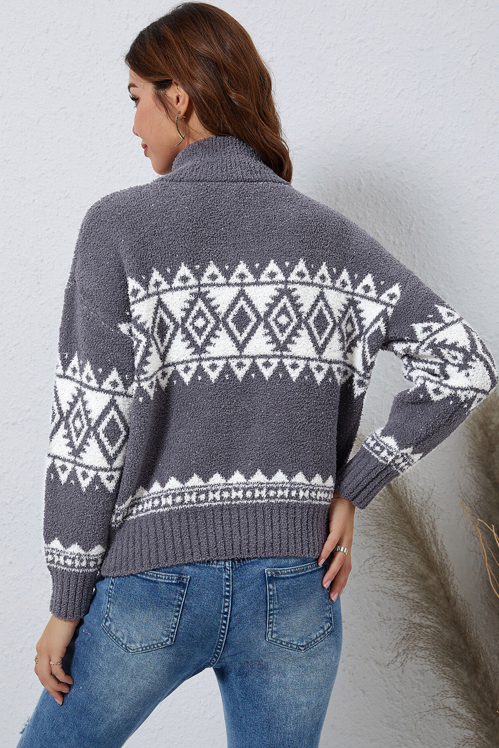 Zip-Up Geometrical Pattern Pullover Sweater  Shirts & Tops- Doll Fits