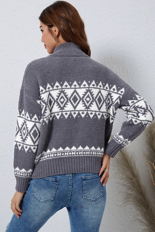 Zip-Up Geometrical Pattern Pullover Sweater  Shirts & Tops- Doll Fits