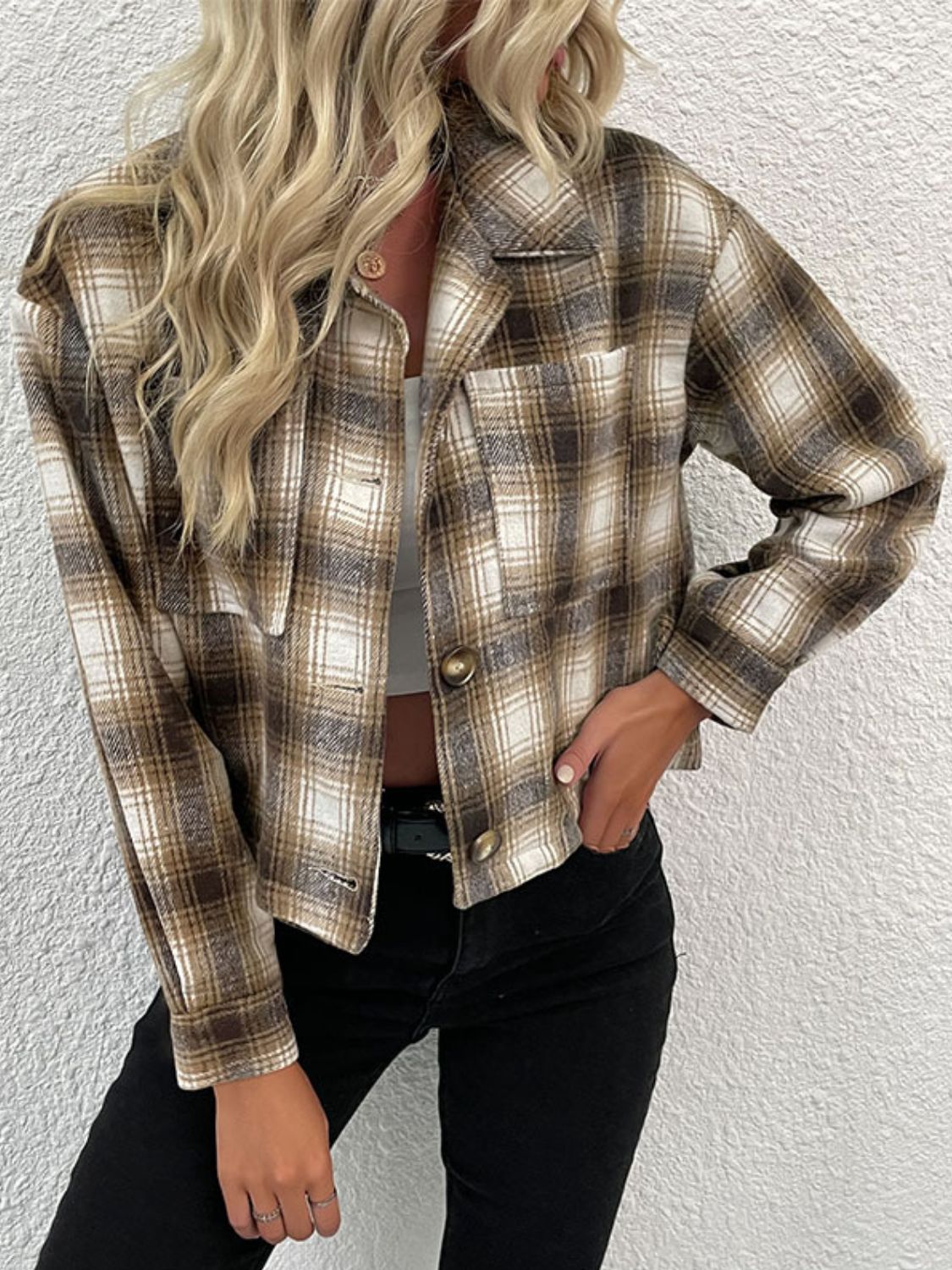 Plaid Button-Up Dropped Shoulder Shacket  - Doll Fits