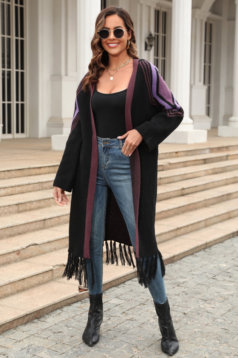 Double Take Geometric Fringe Hem Open Front Duster Cardigan  - Doll Fits