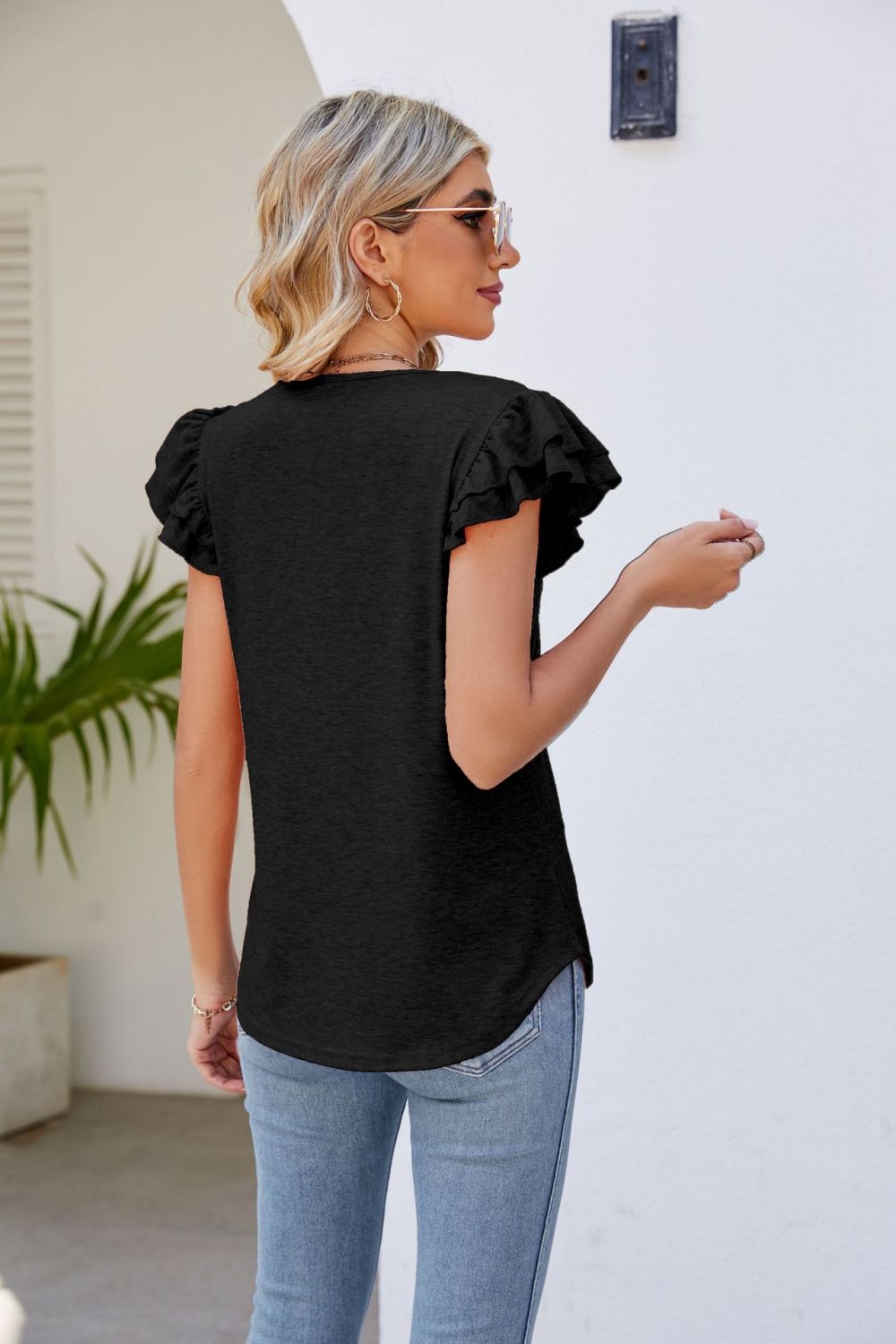 Smocked Flutter Sleeve V-Neck Top  Shirts & Tops- Doll Fits