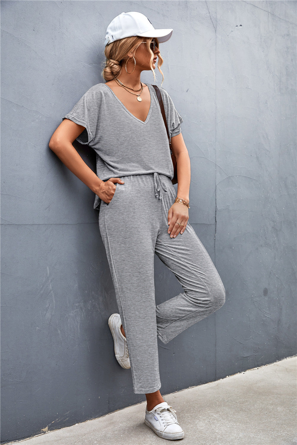 V-Neck Short Sleeve T-Shirt and Drawstring Waist Pants Set  Outfit Sets- Doll Fits