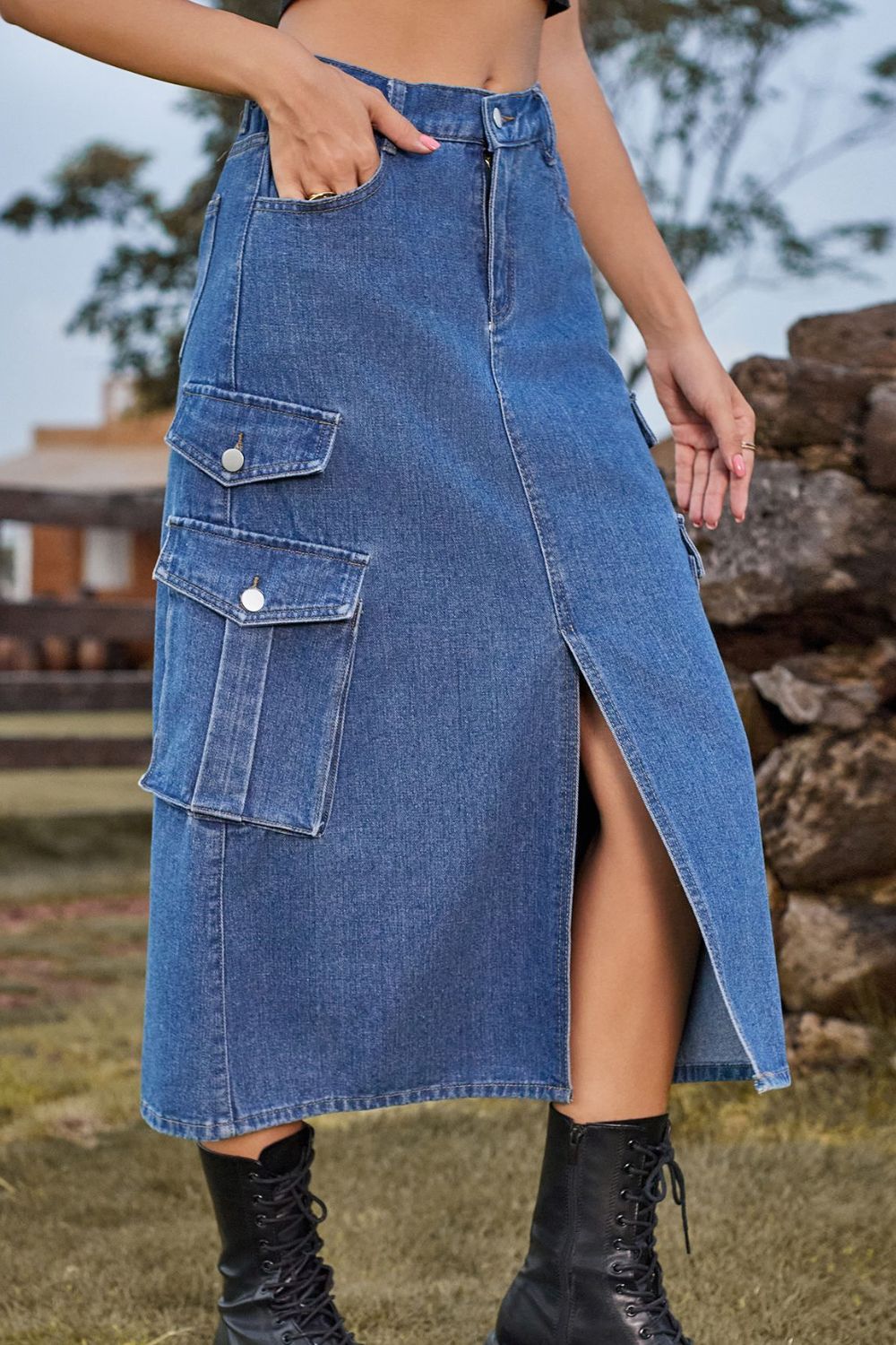 Slit Front Midi Denim Skirt with Pockets  Skirts- Doll Fits