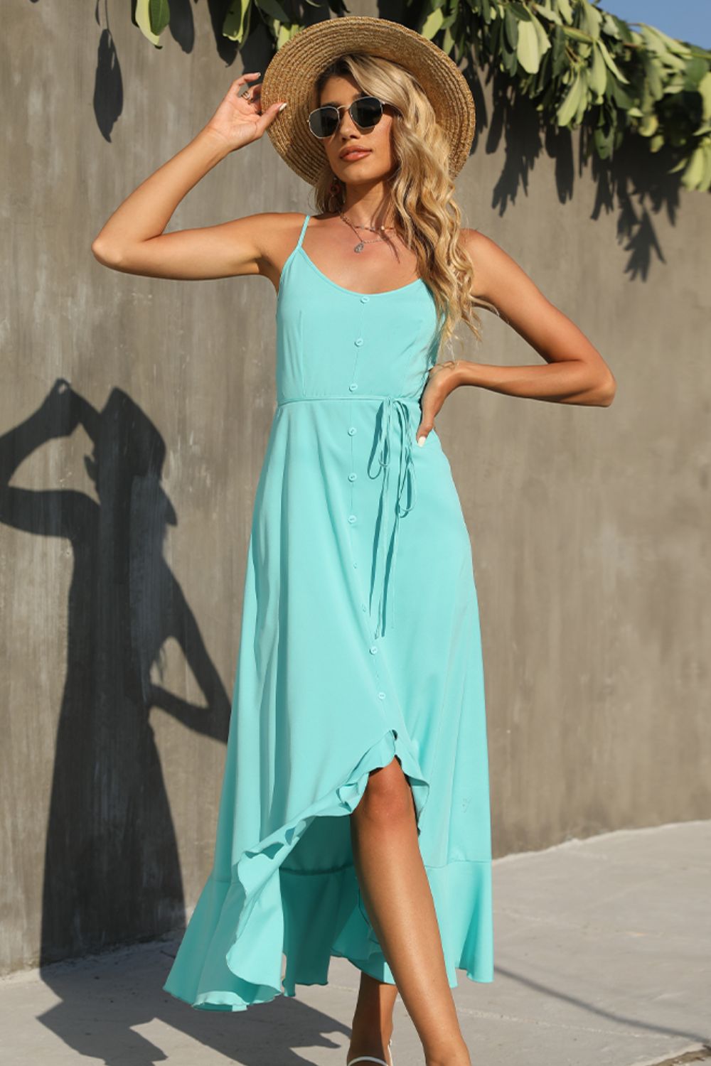 Decorative Button Spaghetti Strap Ruffle Hem Dress  Dresses- Doll Fits