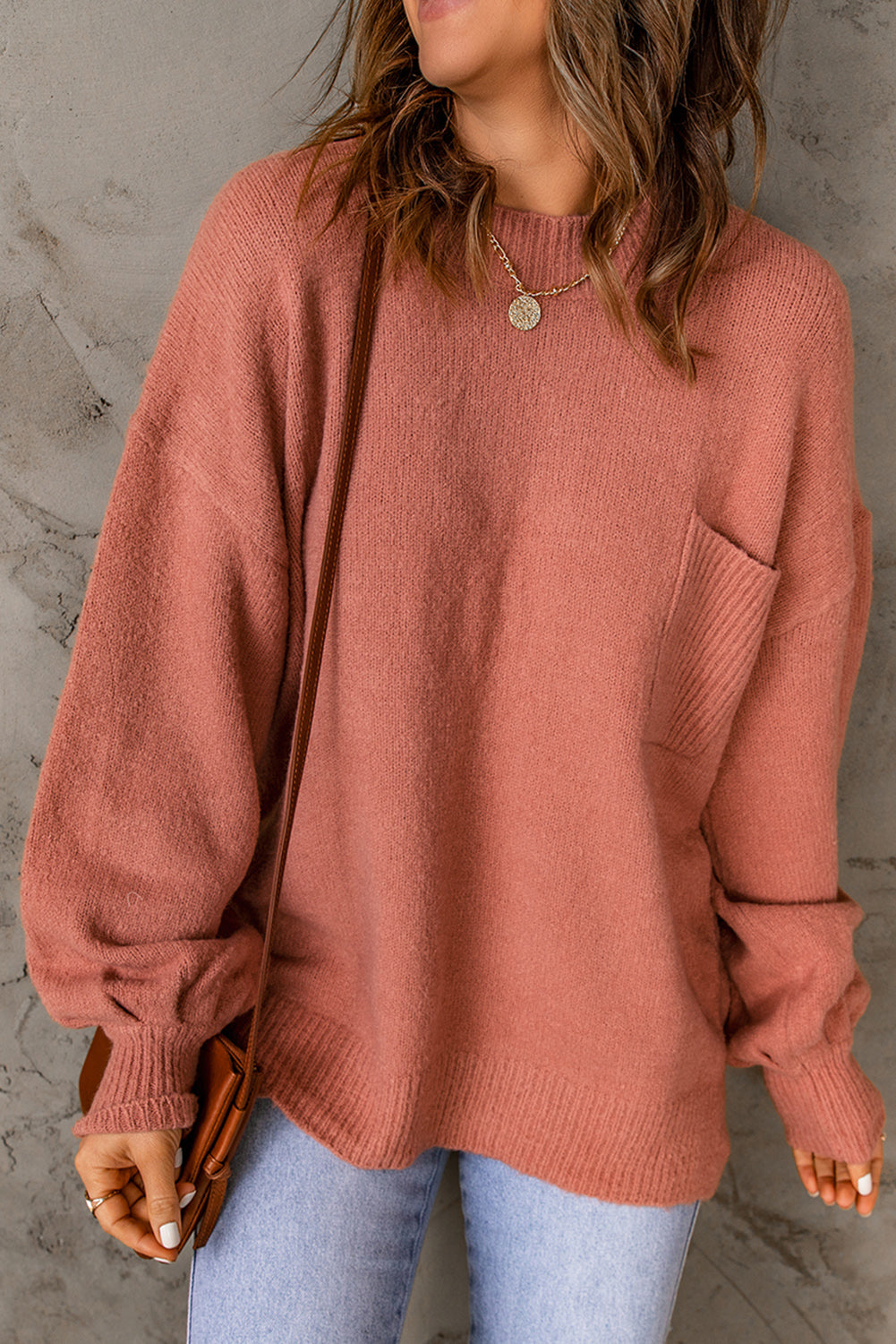 Ribbed Trim Lantern Sleeve Pocketed Sweater  Shirts & Tops- Doll Fits