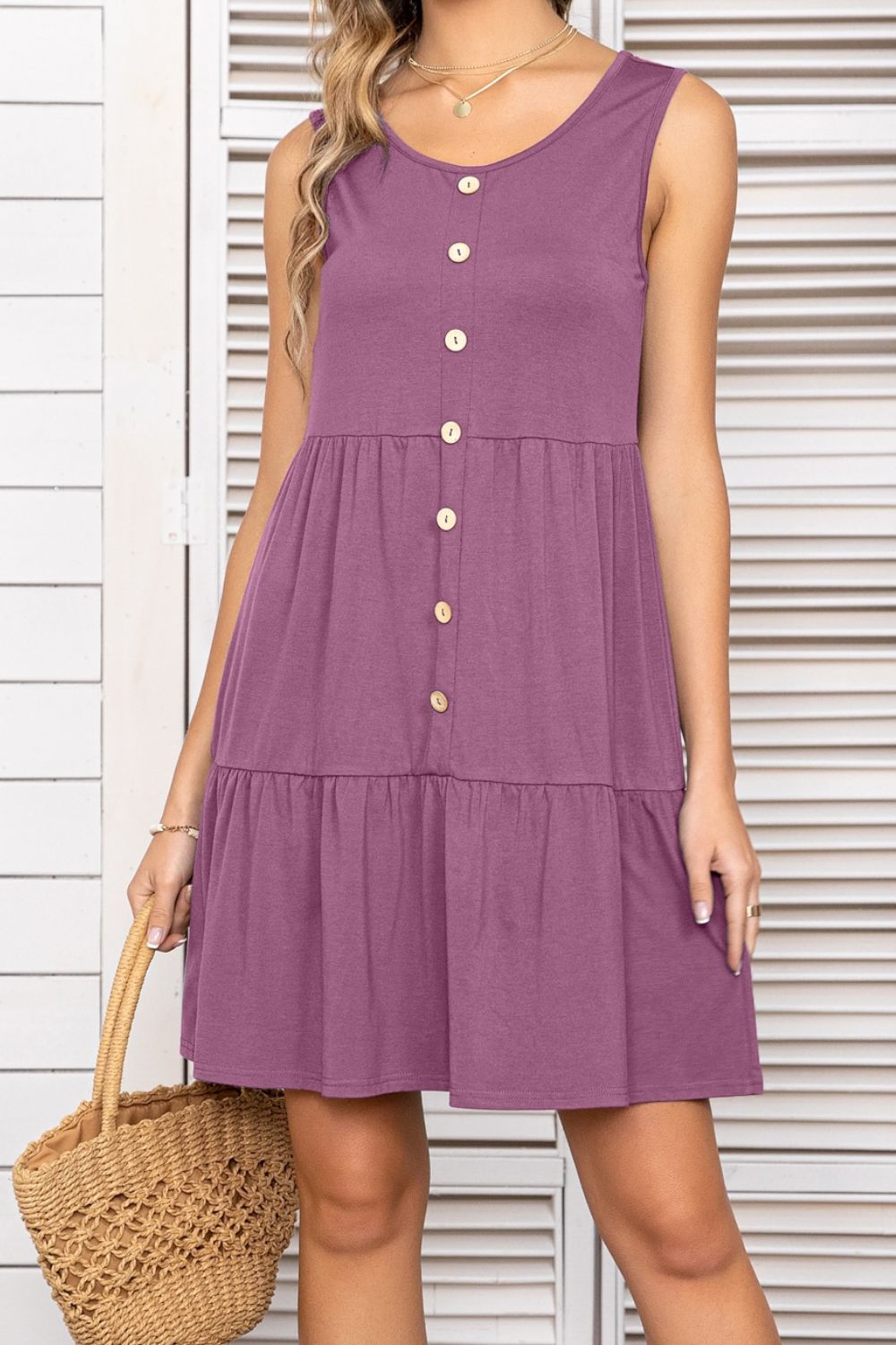 Decorative Button Scoop Neck Sleeveless Tiered Dress  Dresses- Doll Fits