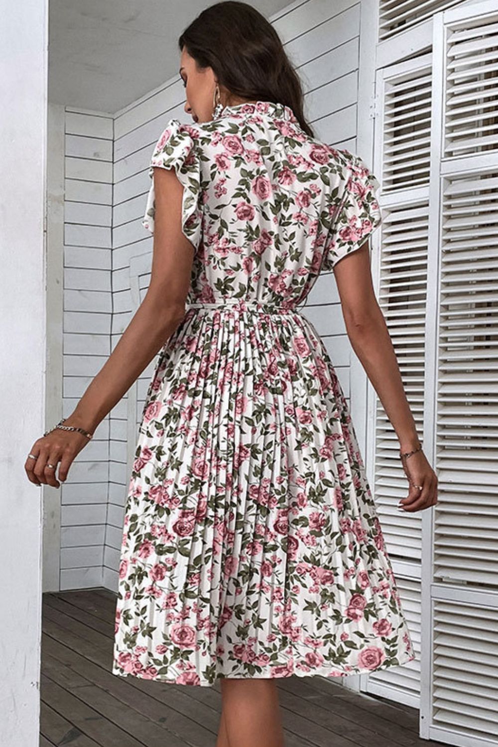 Floral Tie-Neck Flutter Sleeve Midi Dress  Dresses- Doll Fits