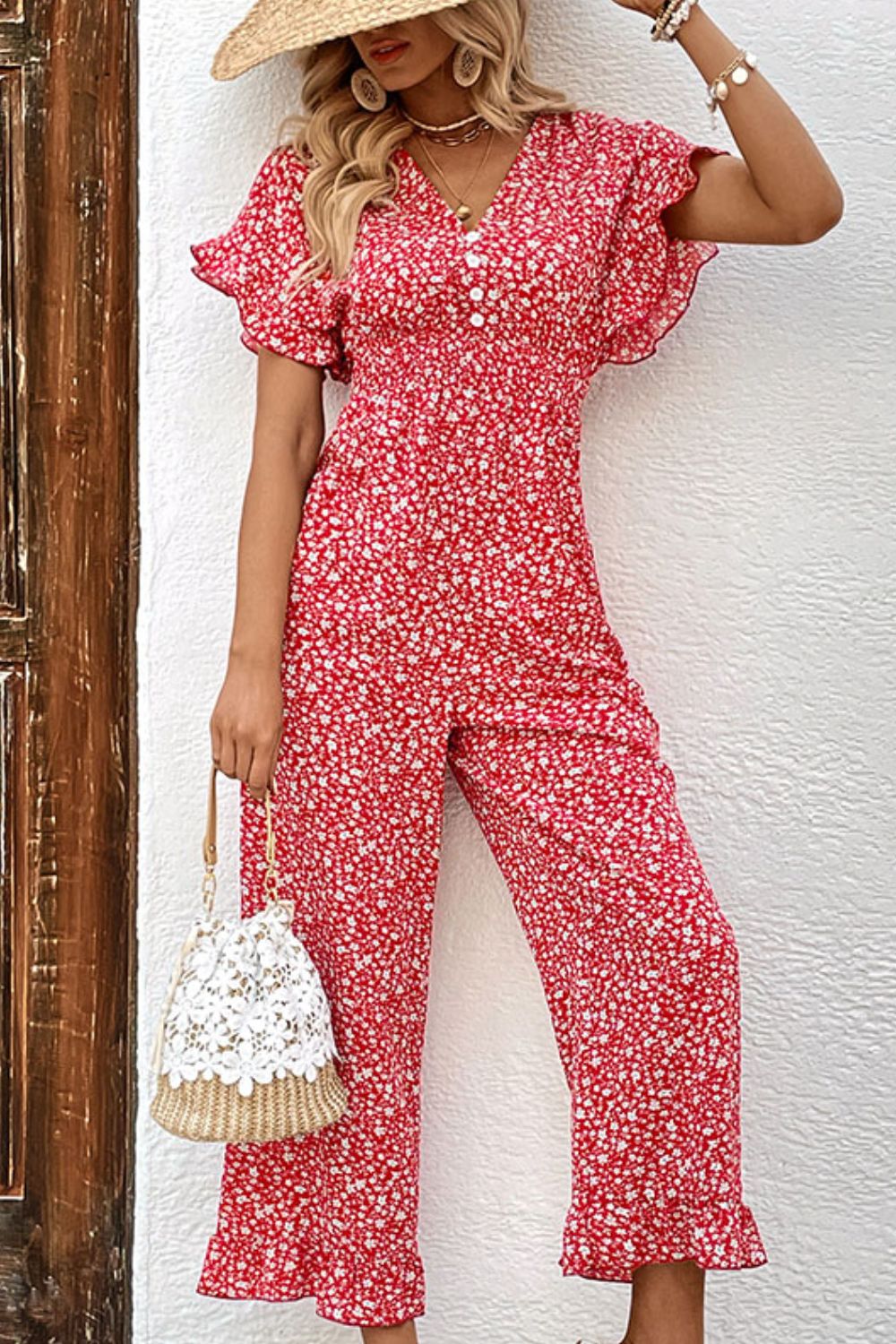 Printed Tie Back Ruffled Jumpsuit  Jumpsuits & Rompers- Doll Fits