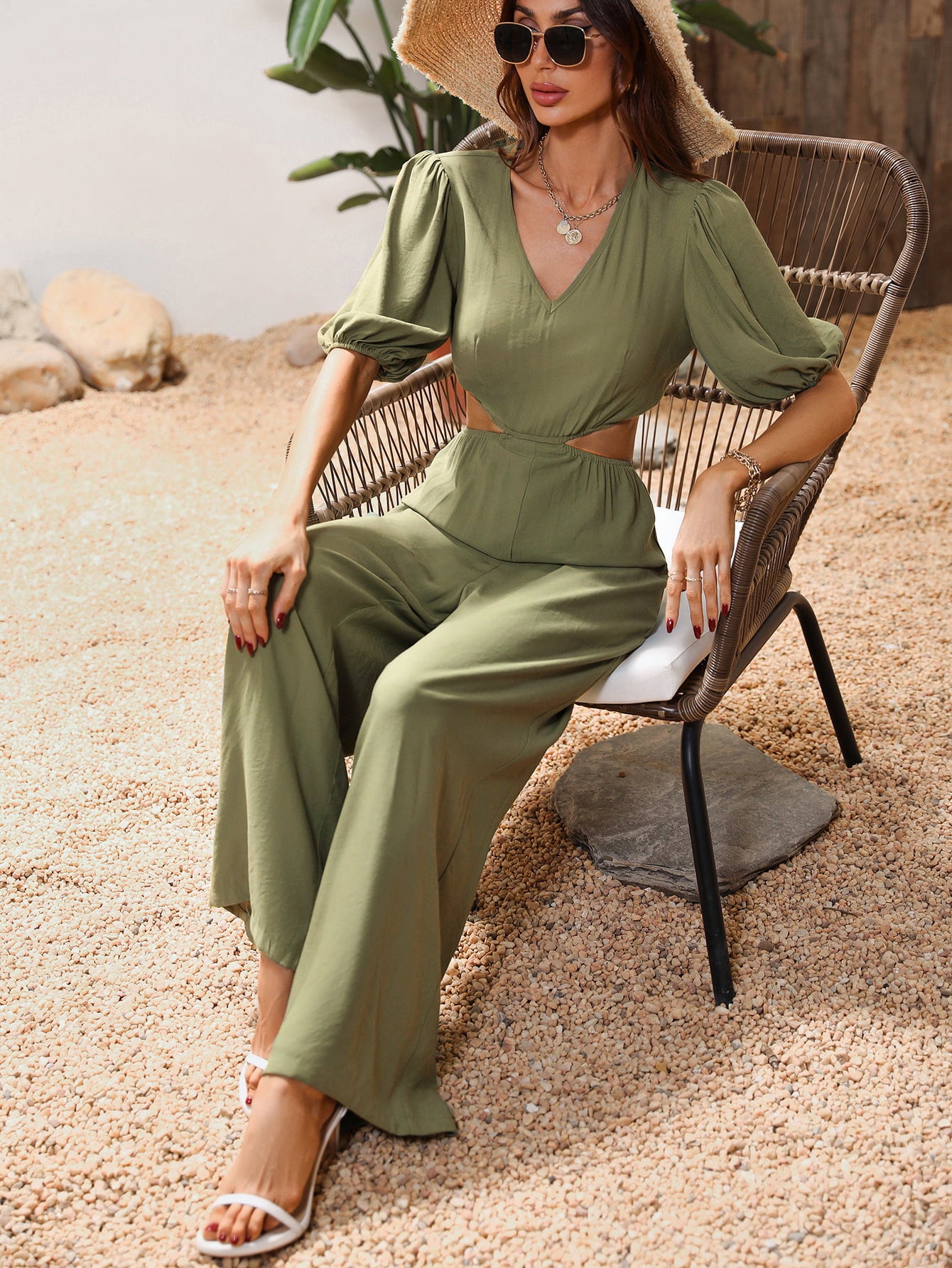 Cutout V-Neck Balloon Sleeve Jumpsuit  - Doll Fits