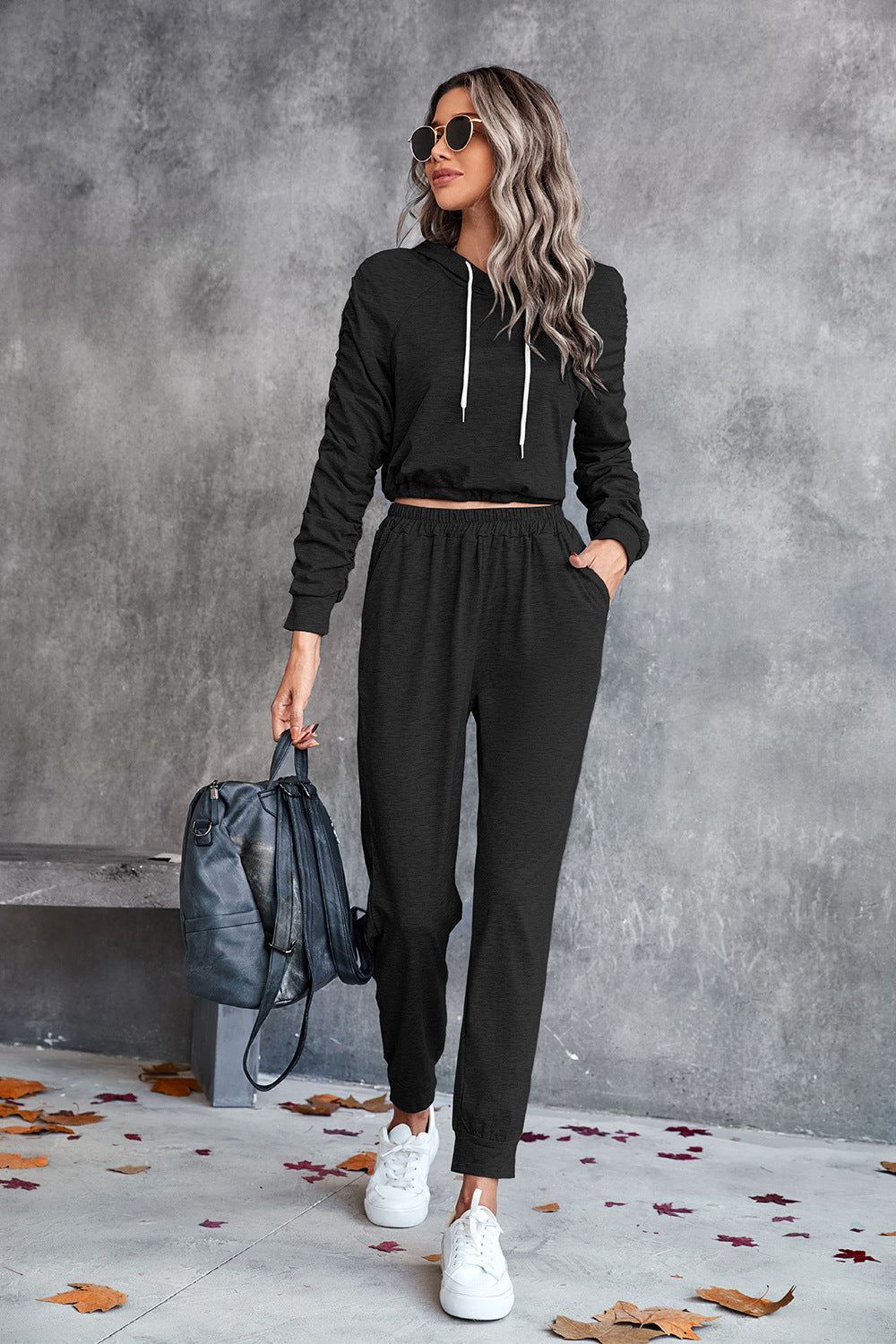Ruched Raglan Sleeve Hoodie and Joggers Set  Outfit Sets- Doll Fits