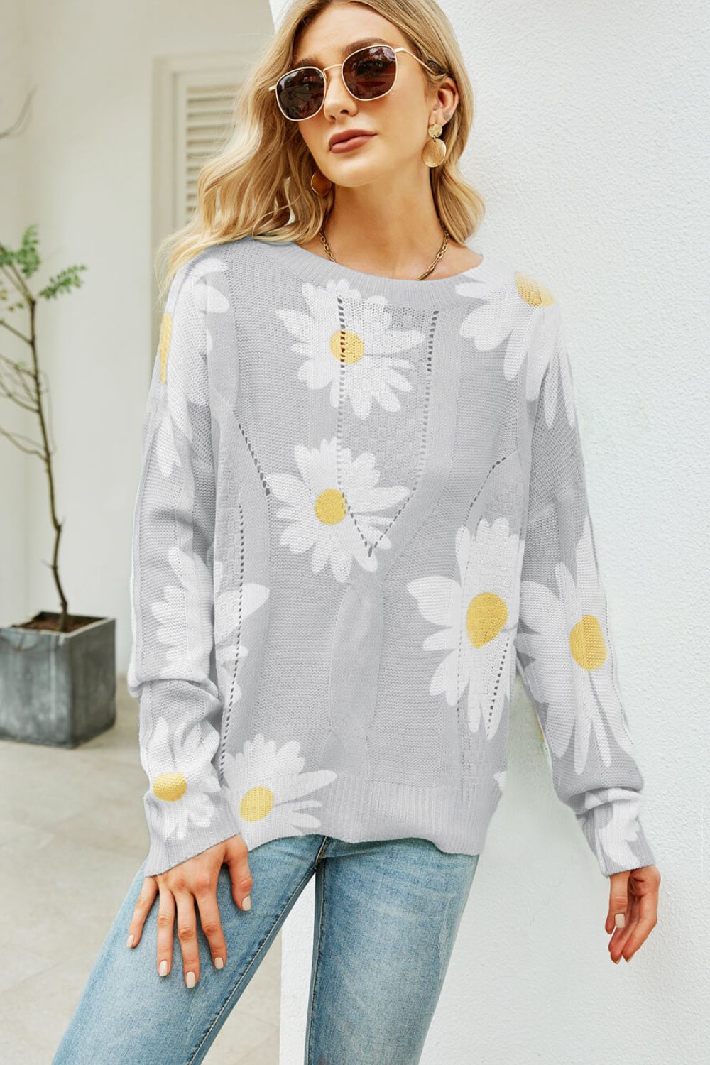 Daisy Print Openwork Round Neck Sweater  Shirts & Tops- Doll Fits